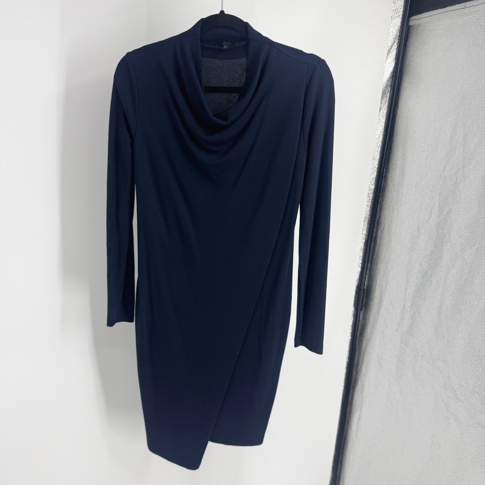 COS Navy Blue Cowl Neck Long Sleeve Wrap Tulip Hem Sheath Dress XS Pockets Soft